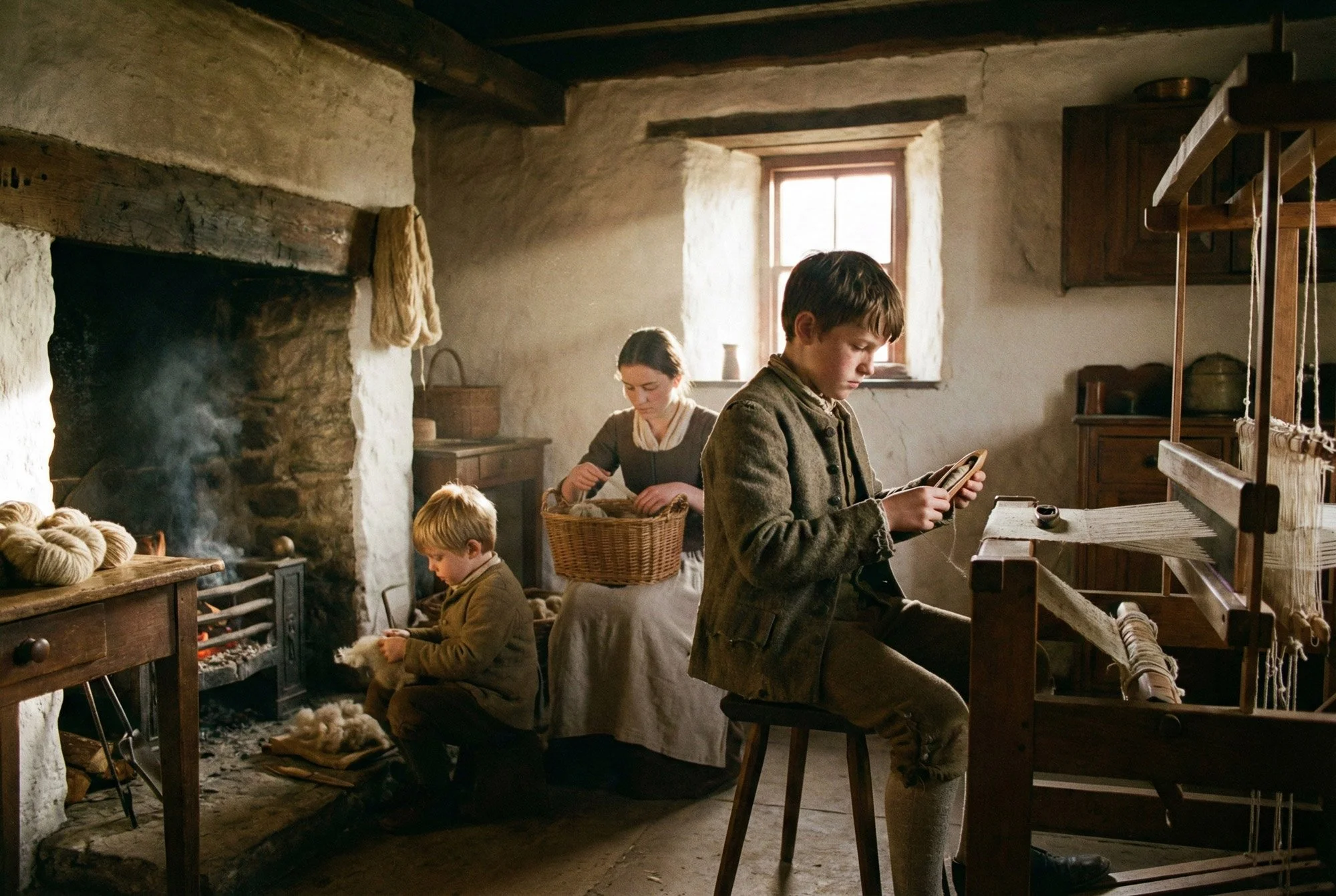 Reconstructed scene of a Scottish weaving household: children winding bobbins, carding wool, and sorting fiber by the hearth